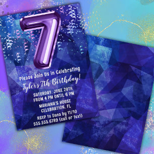 Boy Blue Purple 7th Birthday Invitation