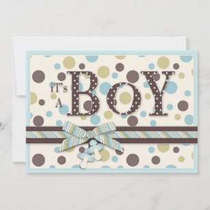 BOY Blue Sage Brown Dots Baby Shower Invitation
