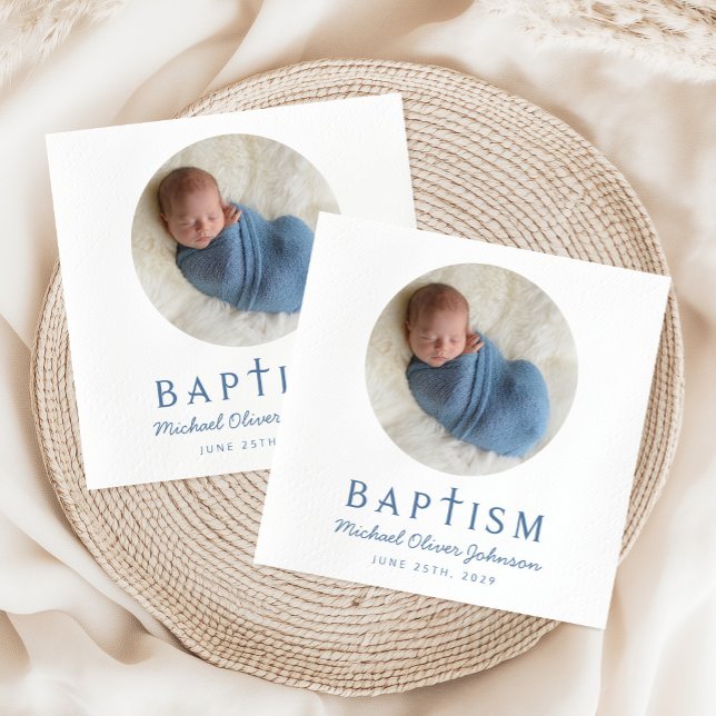 Boy Blue Script Religious Cross Baptism Photo Napkin (Modern Photo Blue Cross Boy Baptism Napkins)