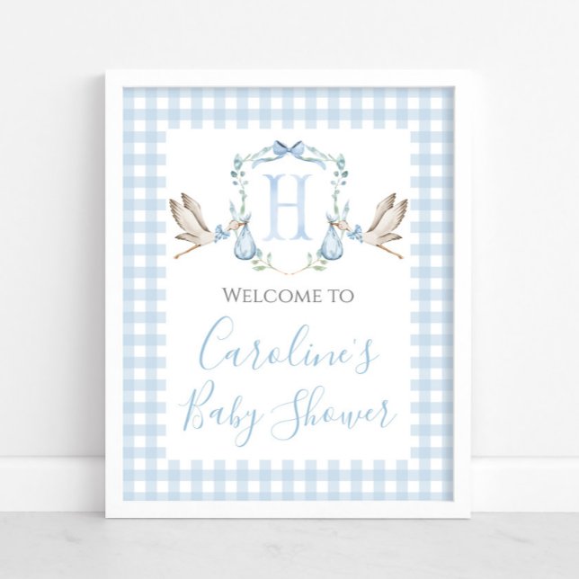 Boy Blue Stork Baby Shower Preppy Southern Poster (Creator Uploaded)