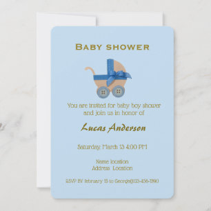 Boy Blue Stroller, Gold Typography on Cyan Blue Invitation