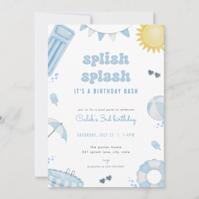 Boy Blue Summer Pool Party Birthday Invitation (Front)