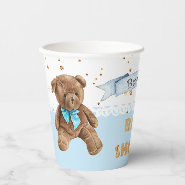 Boy Blue Teddy Bear Baby Shower Paper Cups (Front)