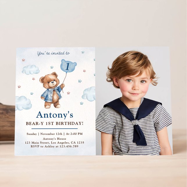 Boy Blue Teddy Bear Balloons First Birthday Photo Invitation (Creator Uploaded)