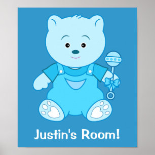 Boy Blue Teddy Bear with Rattle: Name Customisable Poster