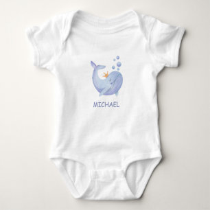 Boy Blue Watercolor Whale Ocean Animal & Kids Name Baby Bodysuit