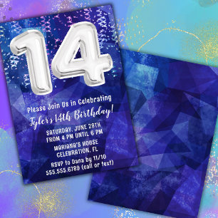 Boy Blue White 14th Birthday Invitation