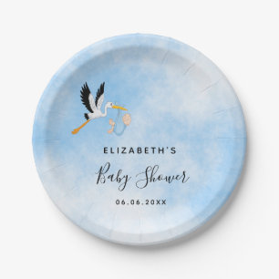 Boy blue white cute stork baby shower paper plate