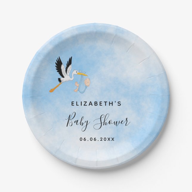 Boy blue white cute stork baby shower paper plate (Front)