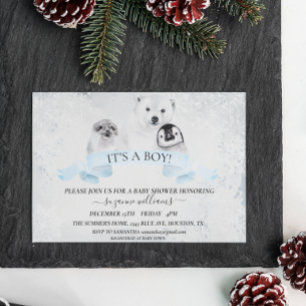 Boy Blue Winter Christmas Baby Shower Animals  Invitation