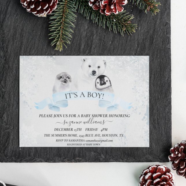 Boy Blue Winter Christmas Baby Shower Animals  Invitation (Creator Uploaded)