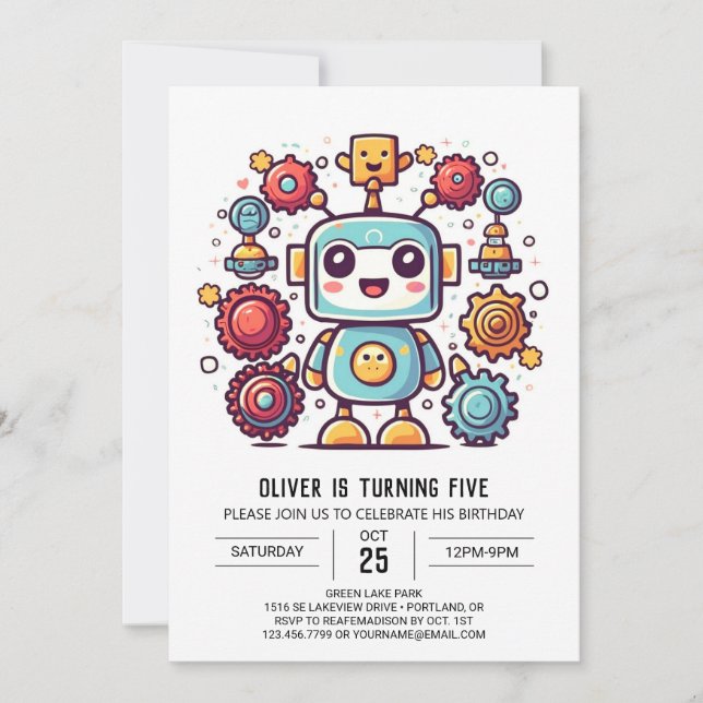 Boy Boho Antique Robot Birthday Invitation (Front)