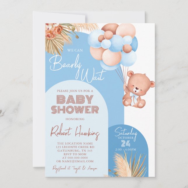 Boy Boho Arch Teddy Bear Bearly Wait Baby Shower Invitation (Front)