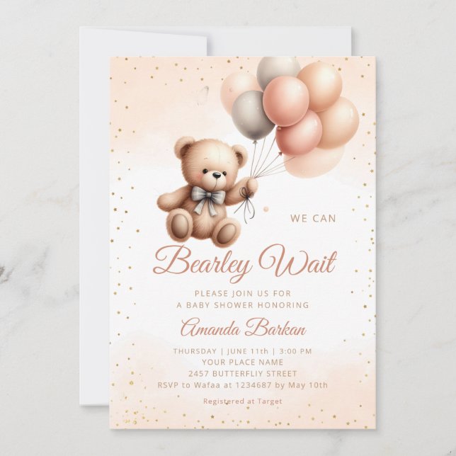 Boy Boho Teddy Bear We Can Bearly Wait Baby Shower Invitation (Front)