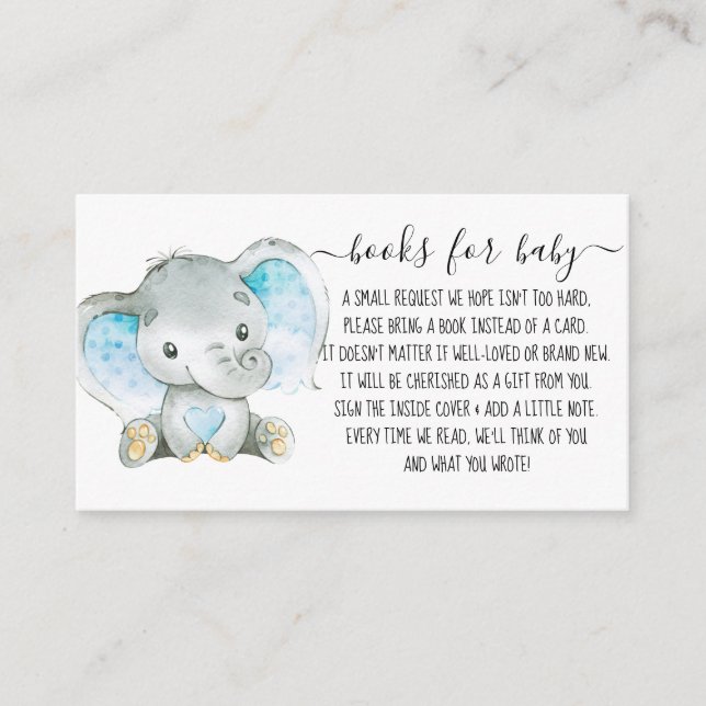 Boy Book Request for Baby Shower Cute Elephant  Enclosure Card (Front)