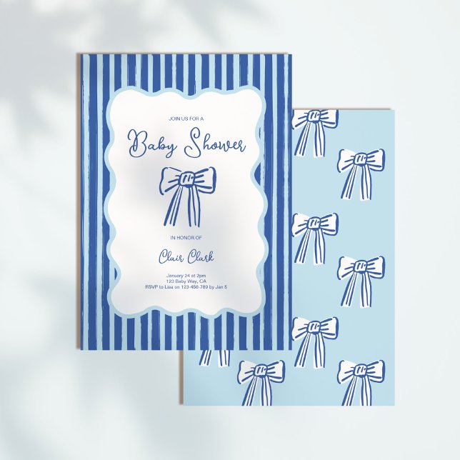 Boy Bow Invitation, Blue Hand Drawn Baby Shower Invitation (Creator Uploaded)