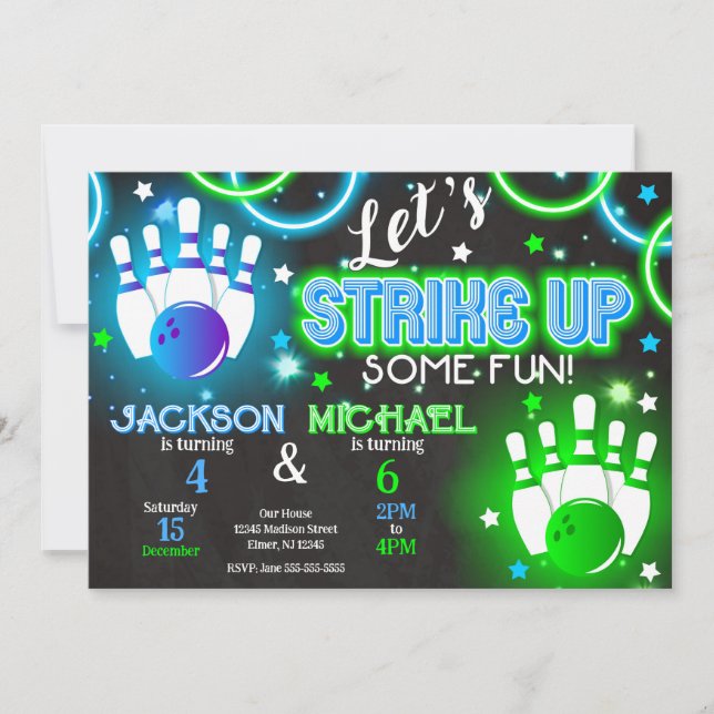Boy Bowling Invitation Glow Neon Joint Birthday (Front)