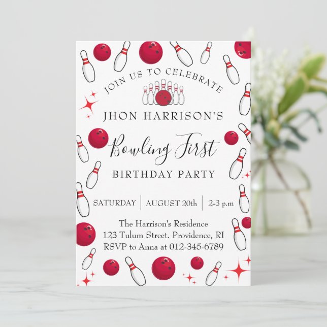 Boy Bowling Party 1st Birthday  Invitation (Standing Front)