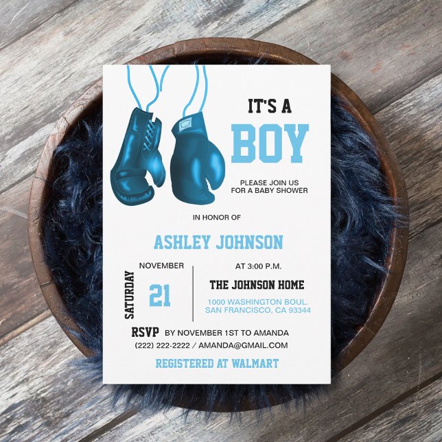 Boy Boxing Gloves Blue Baby Shower Invitations (Creator Uploaded)
