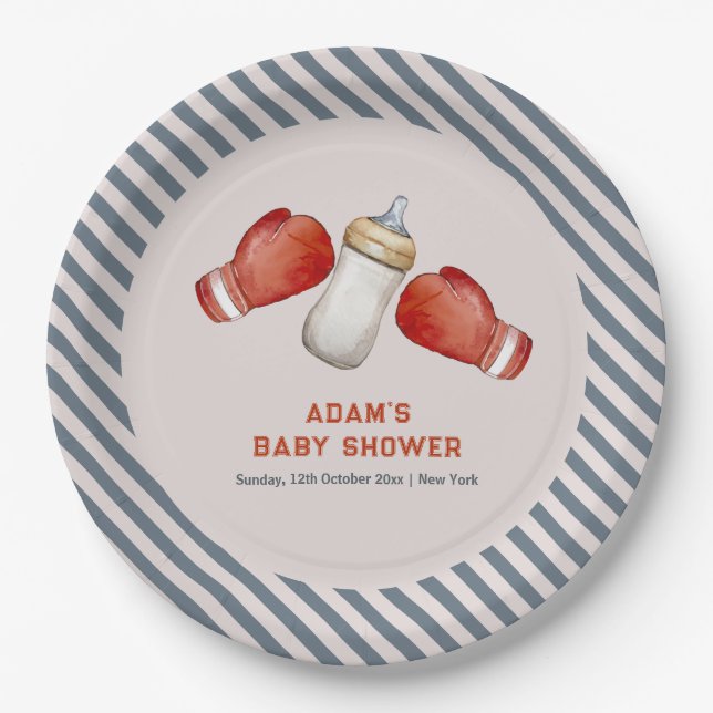 Boy Boxing Little Champion Baby Shower Paper Plate (Front)