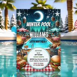 boy bruh Barbeque Winter Pool Party 13th birthday Invitation