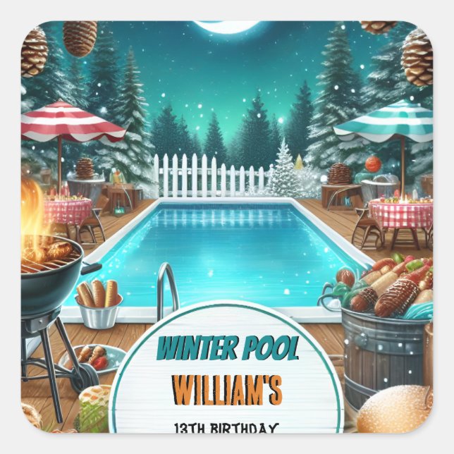 boy bruh Barbeque Winter Pool Party 13th birthday Square Sticker (Front)