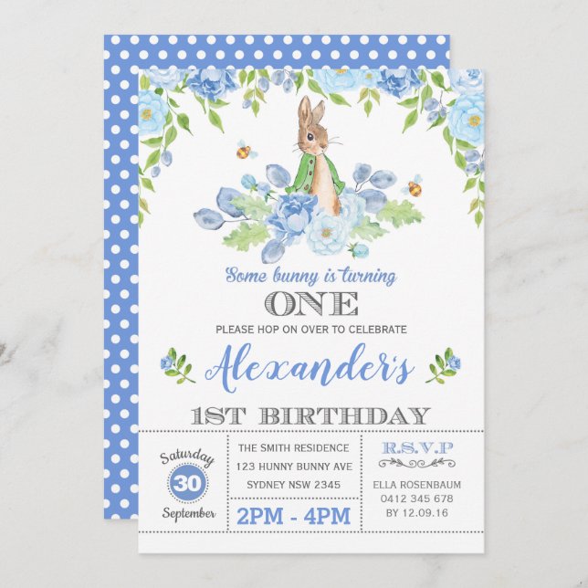 Boy Bunny 1st Birthday Party Garden Blue Floral Invitation (Front/Back)