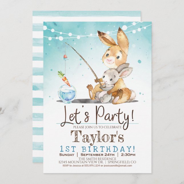 Boy Bunny Rabbit 1st Birthday Party Invitation (Front/Back)