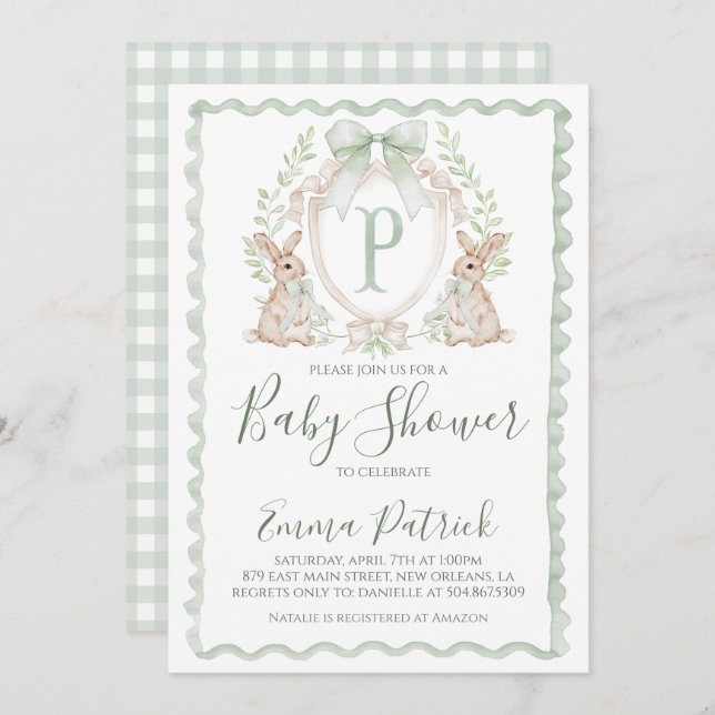 Boy Bunny Rabbit Baby Shower Preppy Sage Green  Invitation (Front/Back)
