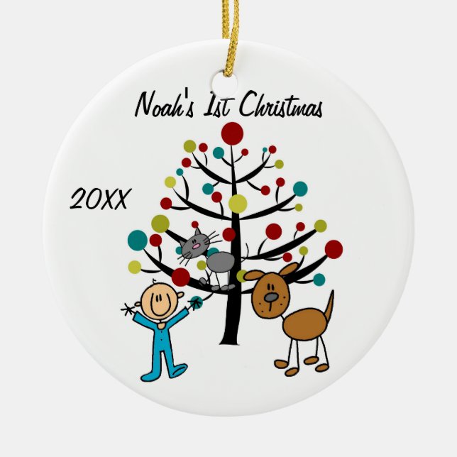 Boy, Cat and Dog 1st Christmas Customised Ornament (Front)
