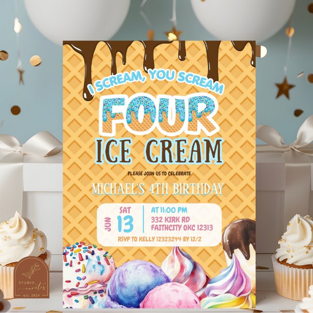 Boy Chocolate Drip Waffle Ice Cream 4th Birthday Invitation (Creator Uploaded)