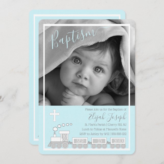Boy Choo Choo Christening Baptism Photo Invitation (Front/Back)