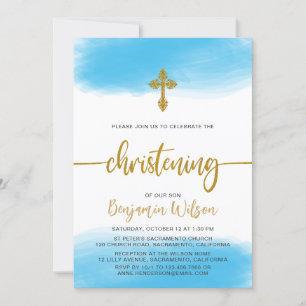 Boy Christening Blue & Gold Watercolor  Invitation