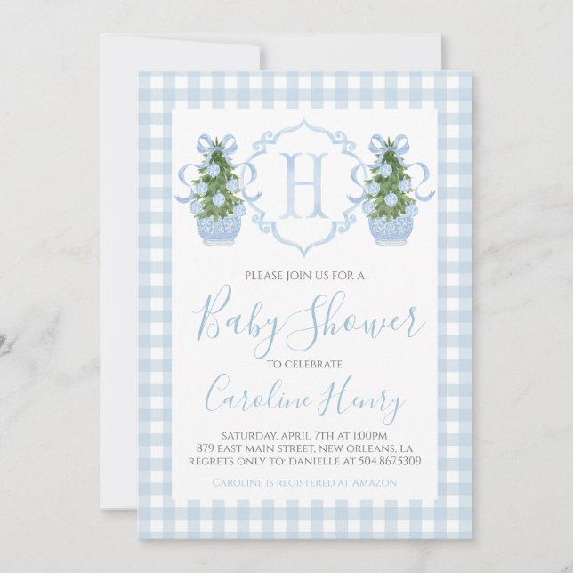 Boy Christmas Baby Shower Preppy Gingham Blue Invitation (Front)