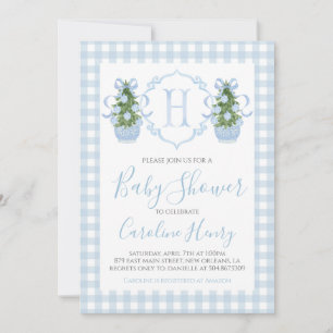 Boy Christmas Baby Shower Preppy Gingham Blue Invitation