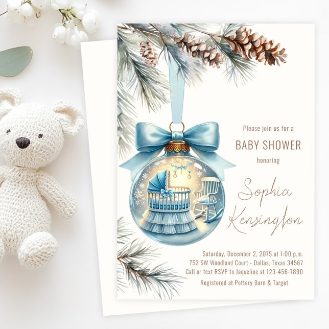 Boy Christmas Ornament Winter Baby Shower  Invitation (Boy Christmas tree ornament baby shower invitation with sweet nursery scene and pine boughs.)