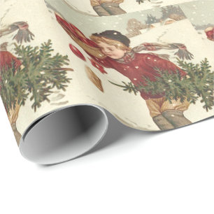 Boy Christmas Tree Presents Cottage Snow Wrapping Paper