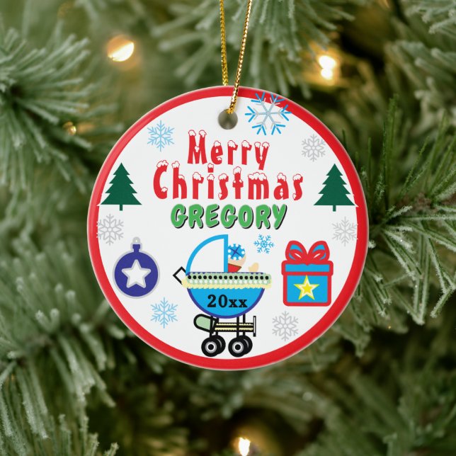 Boy Christmas Trees NAME Blue Carriage Ceramic Ornament (Tree)