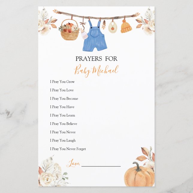 Boy Clothes Pumpkin Baby Shower Prayers for Baby (Front)