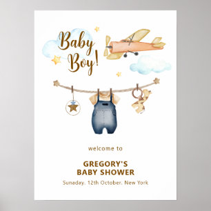 Boy Clothesline Aeroplane Sky Baby Shower Welcome  Poster