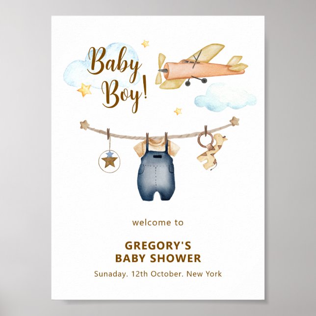 Boy Clothesline Airplane Sky Baby Shower Welcome  Poster (Front)