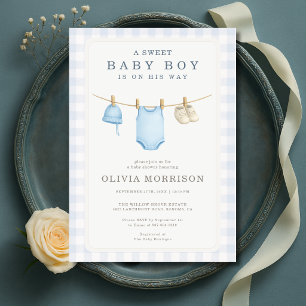 Boy Clothesline Blue Baby Shower Invitation
