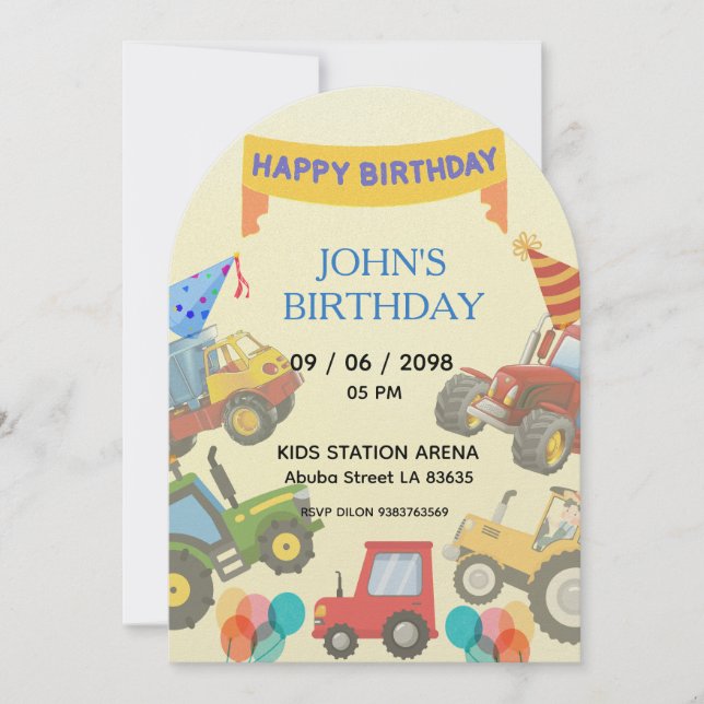 Boy Colourful Cartoon Tractor theme invitation  (Front)