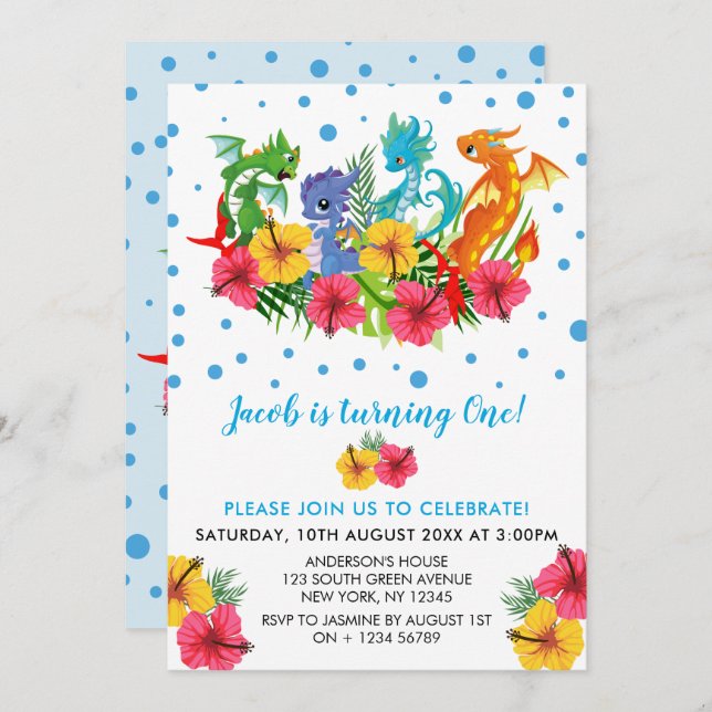 Boy Colourful  Dinosaur Tropical First Birthday Invitation (Front/Back)
