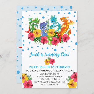 Boy Colourful  Dinosaur Tropical First Birthday Invitation
