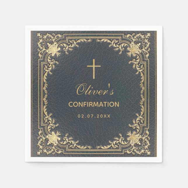Boy Confirmation Blue Elegant Vintage Calligraphy Napkin (Front)