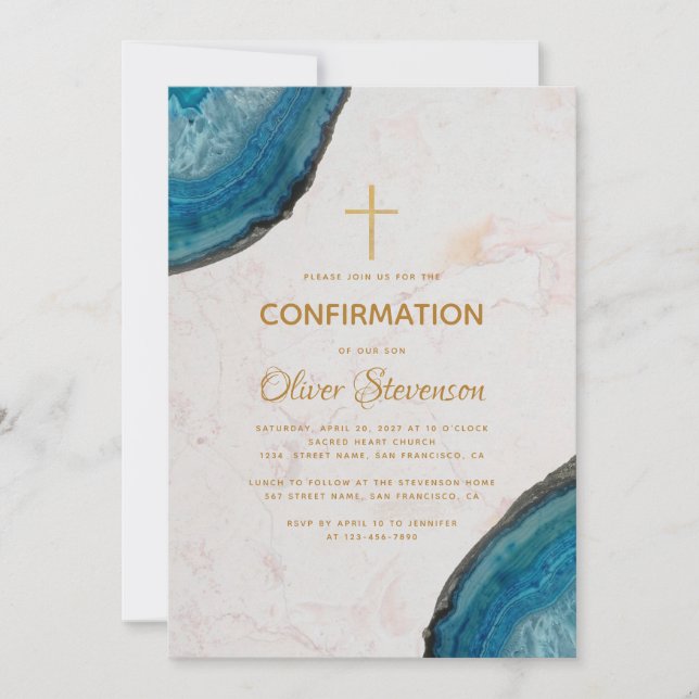 Boy Confirmation Blue Geode Agate Gold Cross Invitation (Front)
