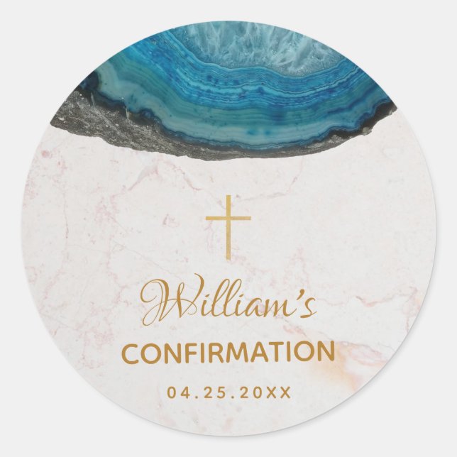 Boy Confirmation Blue Geode Elegant Script Marble Classic Round Sticker (Front)