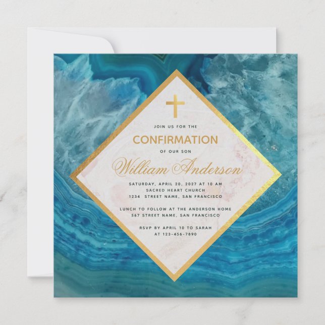 Boy Confirmation Blue Geode Marble Faux Gold Cross Invitation (Front)