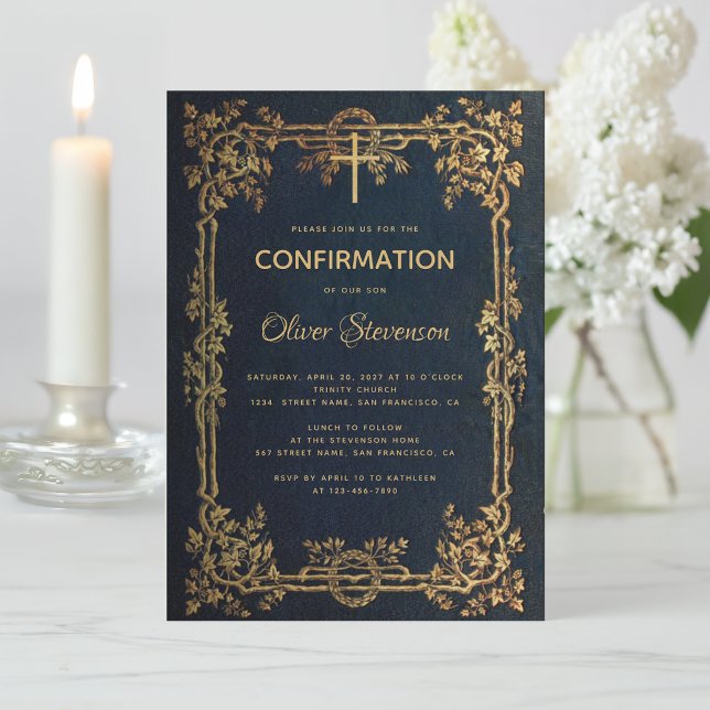 Boy Confirmation Blue Gold Leaves & Cross Vintage Invitation (Creator Uploaded)